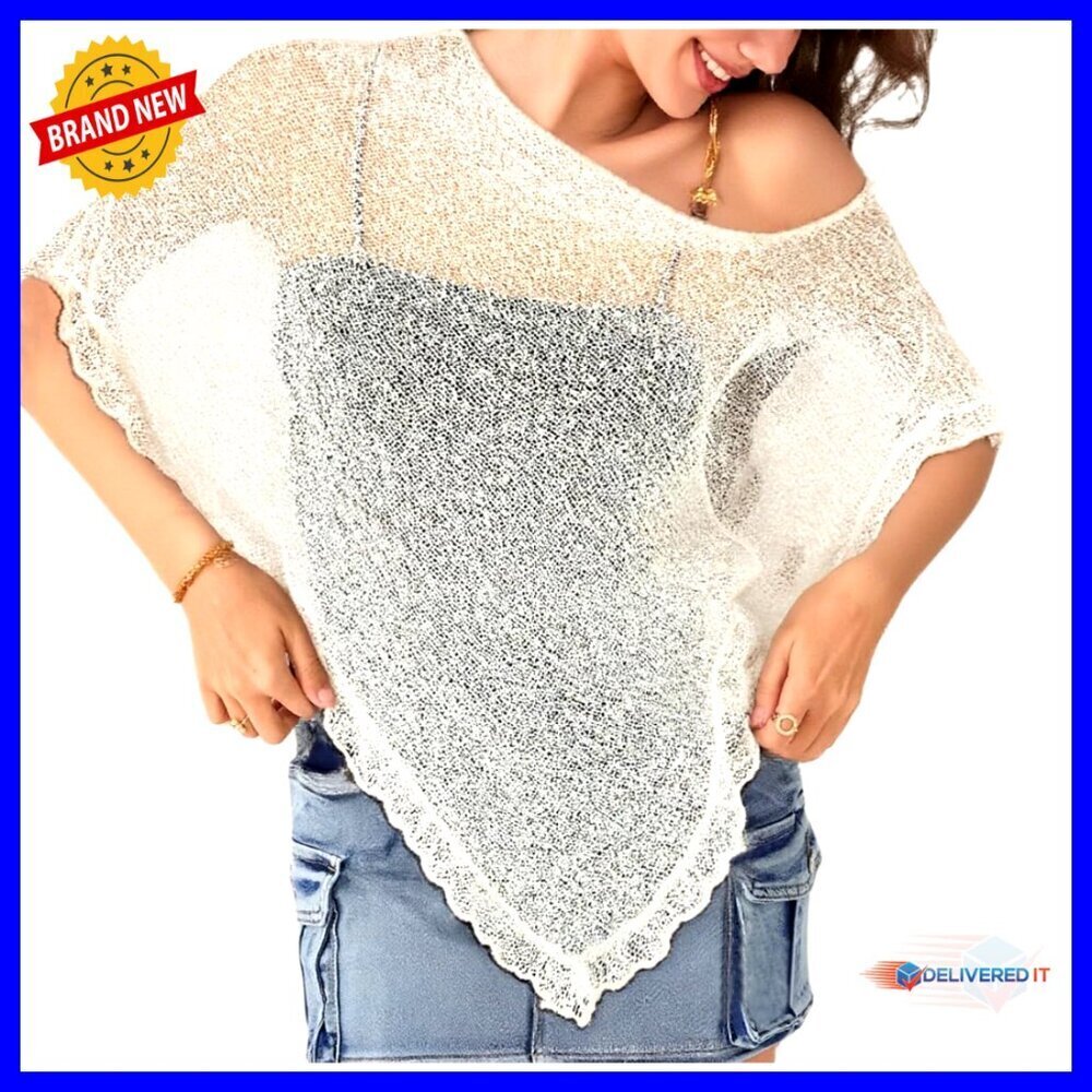 Sheer Knit Poncho Shrug Bolero Top Mesh Cover Up Loose Fit